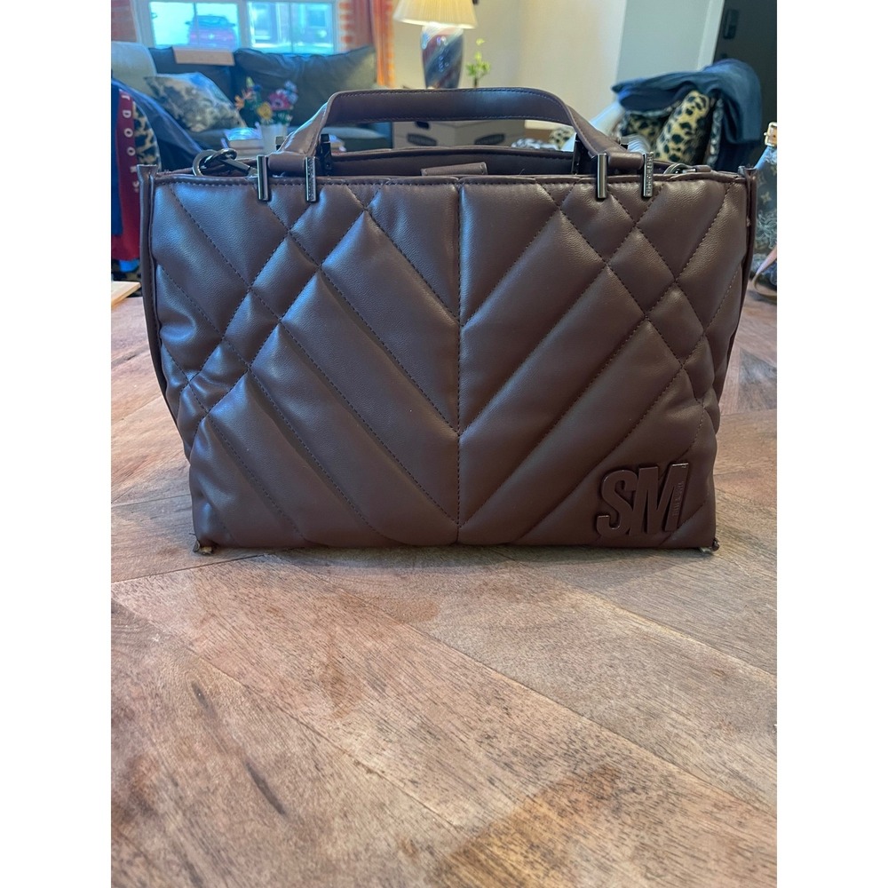 Steve Madden Brown Quilted Satchel Crossbody Bag SM Logo Handbag Minimalist Luxe - Picture 4 of 15